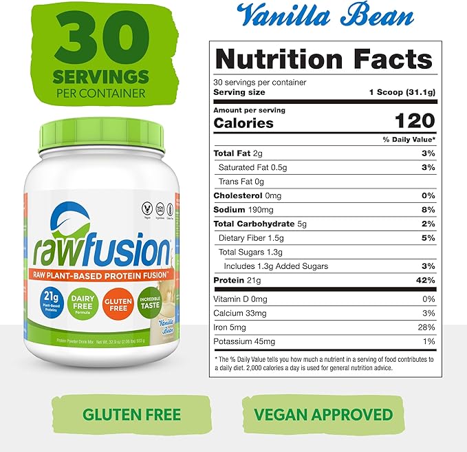 Rawfusion- Vegan Protein Powder, Vanilla Bean - 30 Servings, 21g of Plant Based Protein, Low Net Carbs, Non-Dairy, Gluten/ Lactose Free, Soy Free, Kosher, Non-GMO, 2lb Pound