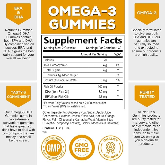 Omega 3 Fish Oil Gummies, Extra 3s DHA 60 Gummies