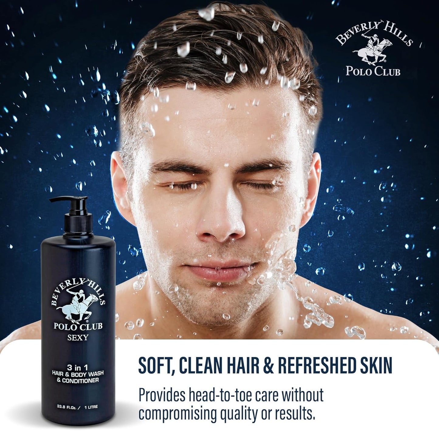 Beverly Hills Polo Club Men's 3-in-1 Shampoo Conditioner Body Wash - Luxury Scent Sexy - All Hair Types, 33.8 oz