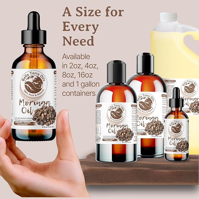 Bella Terra Oils - Organic Moringa Seed Oil 8 oz - A Symphony of Nutrients & Fatty Acids, Elevating Beauty Rituals with Natural Nourishment