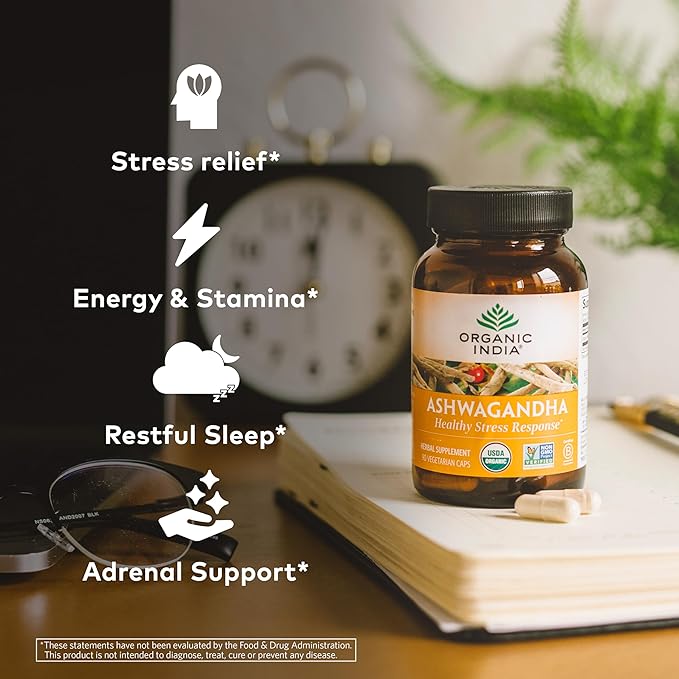 ORGANIC INDIA Ashwagandha Capsules - Organic Ashwagandha Supplement - Vegan Ashwagandha Root, Gluten-Free, Kosher, Non-GMO, Supports Stress Relief, Energy, and Sleep - 180 Capsules