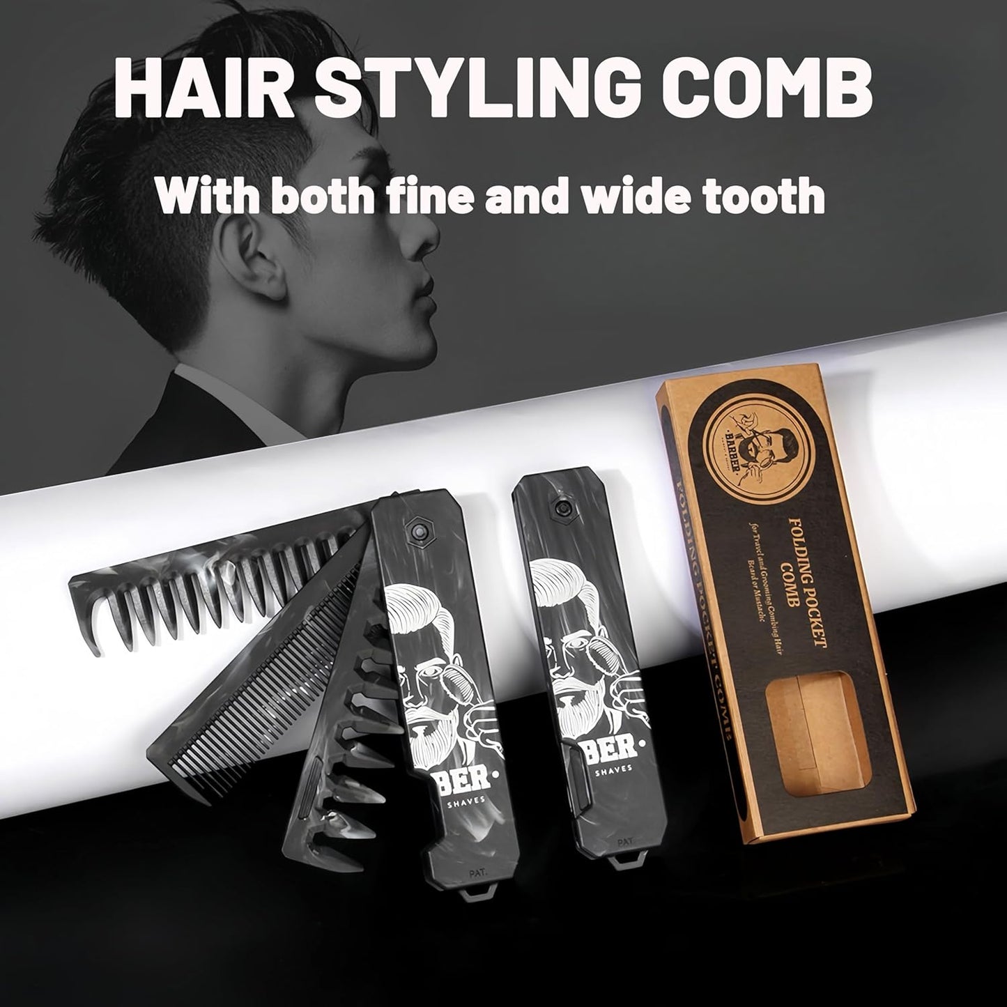 1PC 3 In 1 Folding Pocket Comb for Men, Fine & Wide Tooth for Travel and Everyday Grooming Combing Hair, Beard or Mustache Styling Comb for Slicked-back, Quiff, Pompadour, Fauxhawk, Undercut