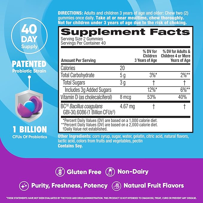 Digestive Advantage Probiotics For Digestive Health, Probiotic Gummies & Vit D, Daily Probiotics For Women &Men Occasional Bloating, Minor Abdominal Discomfort & Gut Health, 80ct Natural Fruit Flavors