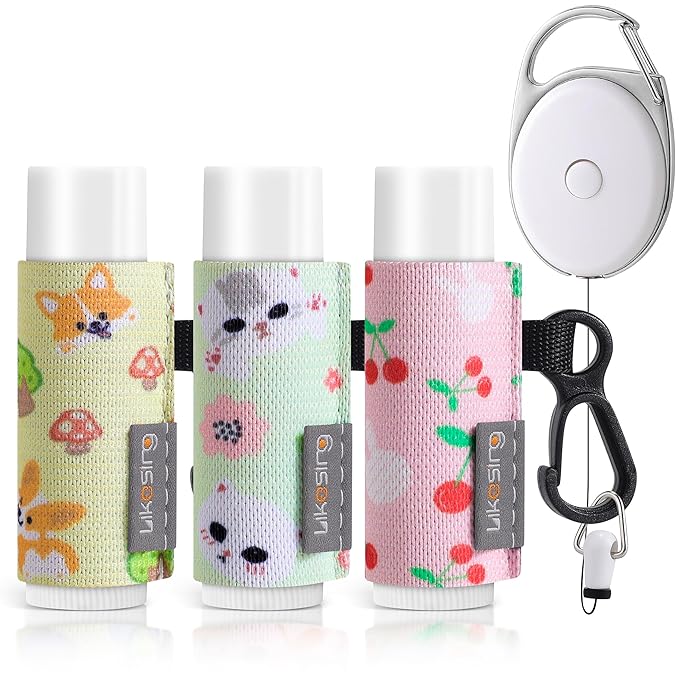 Keychain Chapstick Holder, Lip Balm Holder Lipstick Sleeve Pouch with Clip On, Elastic Lip Gloss Gifts for Friends (Animals, 3pcs)