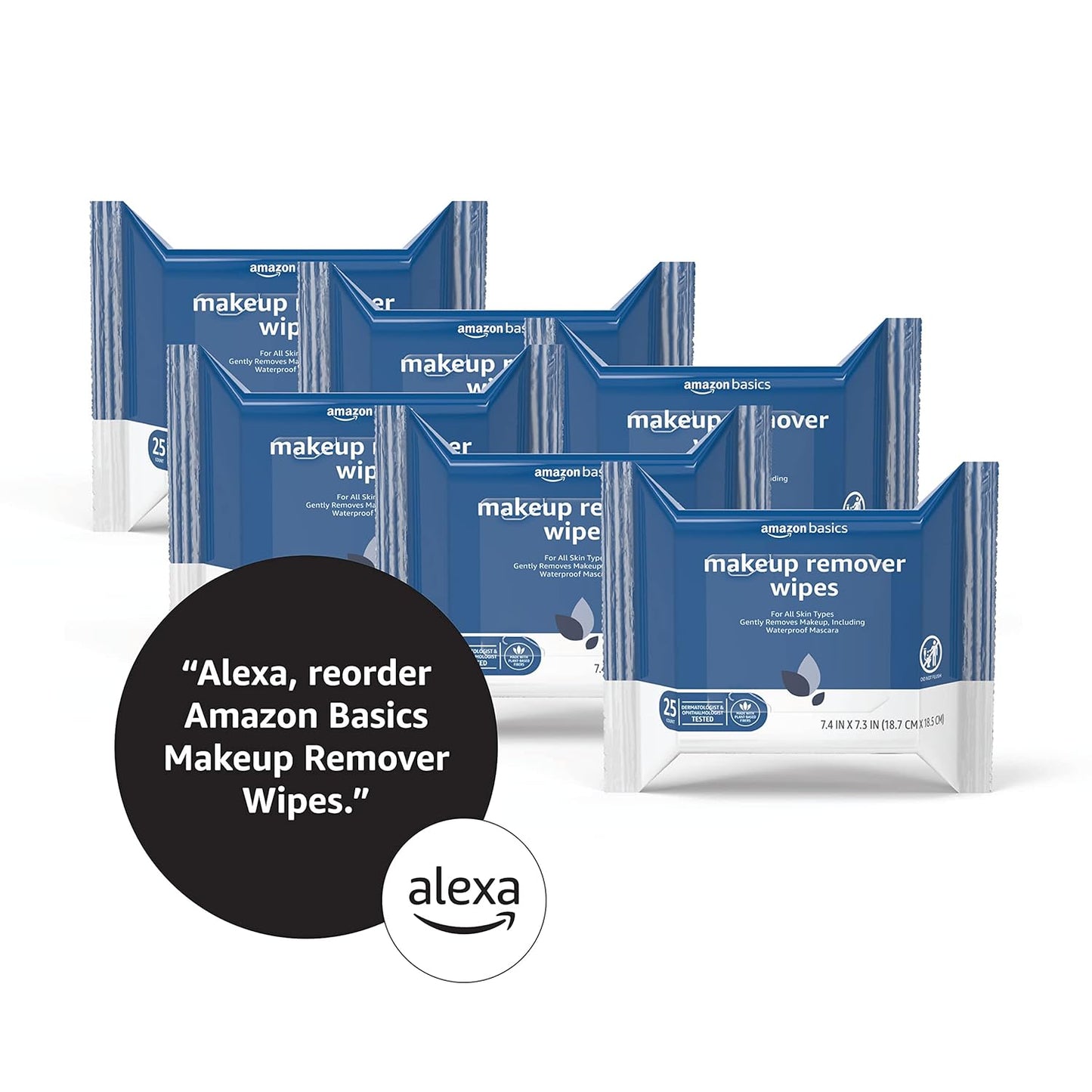 Amazon Basics Makeup Remover Wipes, Gentle Cleansing, Dermatologist Tested, Original, Plant Based, Alcohol-Free, Removes Waterproof Mascara, 25 Count Per Pack, Pack of 6
