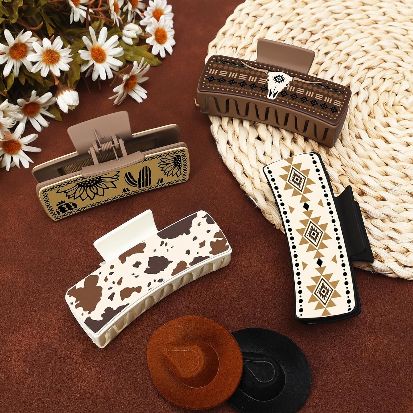 Western Leather Hair Claw Clips Sunflower Floral Square Claw Clips for Hairstyling Southwest Cow Print Cowhide Hair Accessories Large Aesthetic Western Cowgirl Stuff Gift for Women Girls