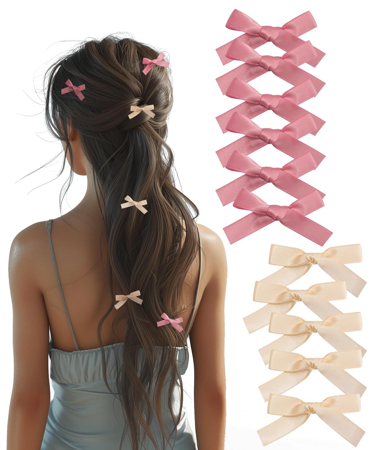 12 PCS Small Hair Ribbon Bow Clips for Women, Girls, Teens, Toddlers, Pink Cream Coquette Barette Hair Clips Accessories