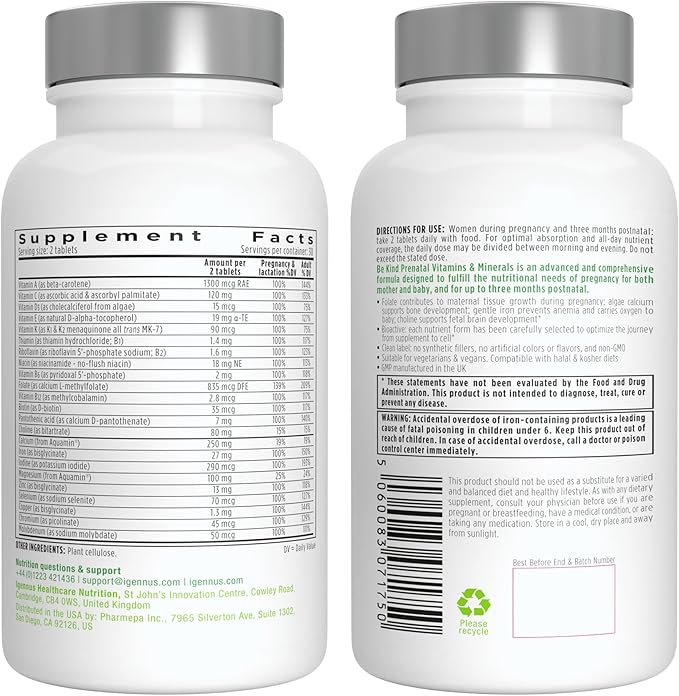 Methylated Prenatal Multivitamin, Folate for MTHFR, High Absorption, Clean Label, Gentle Iron, Choline, Natural Calcium & Magnesium, Vegan Pregnancy Vitamins, Halal, Non-GMO, 60 Tablets, by Igennus