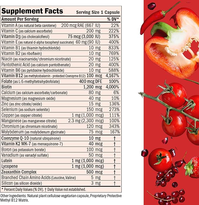 ANDREW LESSMAN Essential-1 Multivitamin 3000 IU Vitamin D3 360 Small Capsules – 100 mcg Methyl B12. CoQ10 Lutein Lycopene Zeaxanthin. High Potency. No Additives. Gentle Ultra-Mild. One Daily Capsule