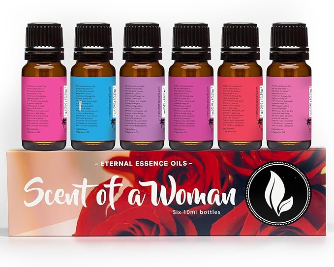 Eternal Essence Oils a Woman Set of 6 Premium Fragrance Oils - Includes Guava Colada, Twilight Woods, Bali Mango, Passion Fruit & Guava, Juniper Breeze, and Love Spell Scented Oils - 10ML
