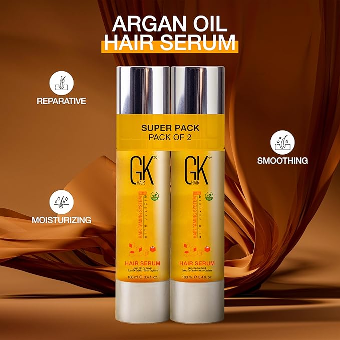 GK HAIR Global Keratin 100% Organic Argan Oil Anti Frizz Hair Serum Pack of 2 (3.4 Fl Oz/100ml) Styling Smoothing Strengthening Hydrating & Nourishing Heat Protection Shine For Frizzy Dry Damaged Hair