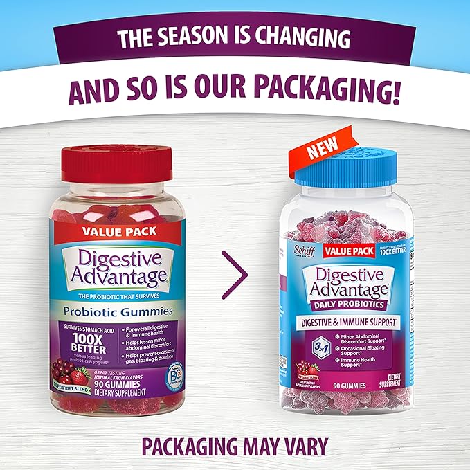 Digestive Advantage Probiotic Gummies for Digestive Health, Daily Probiotics for Women & Men, Support for Occasional Bloating, Minor Abdominal Discomfort & Gut Health, 2x90ct Bottles Superfruit