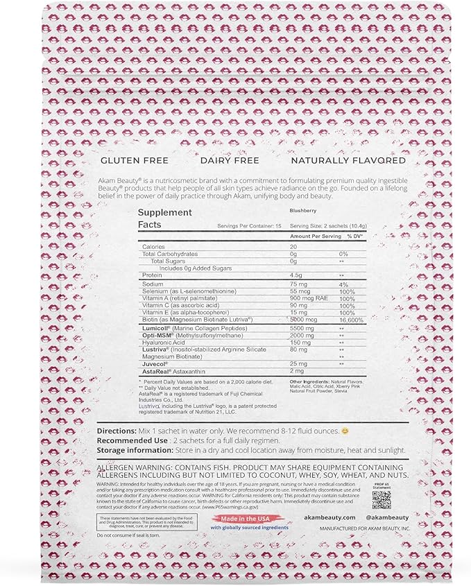 Marine Collagen Peptides Powder – 30-Count Pouch (Blushberry) – Wild-Caught, Hydrolyzed Type I – Hair, Skin, Nails & Joint Support – Ingestible Beauty® by Akam