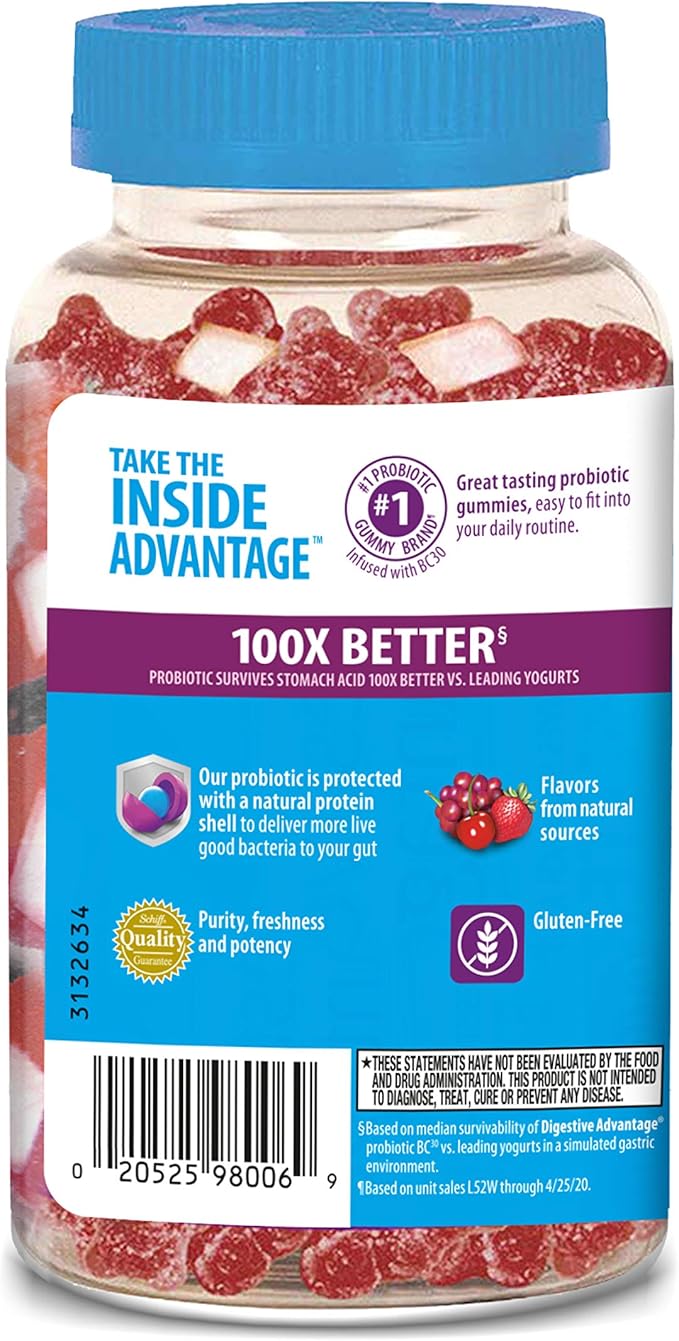 Digestive Advantage Probiotic Gummies for Digestive Health, Daily Probiotics for Women & Men, Support for Occasional Bloating, Minor Abdominal Discomfort & Gut Health, 2x90ct Bottles Superfruit