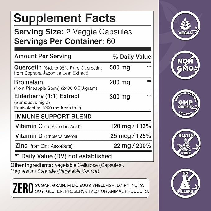 Quercetin with Vitamin C and Zinc 500mg - D3 - 6 in 1 Daily 6 Months