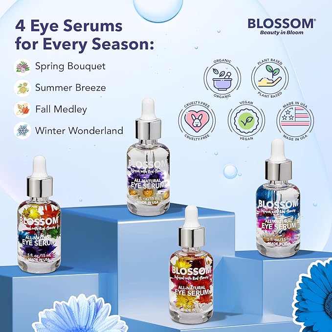 Blossom All Natural Eye Serum with Essential Oils, Organic Cruelty Free Moisturizing, Infused with Real Flowers, Made in USA, 0.5 fl. oz./15ml, Winter Wonderland