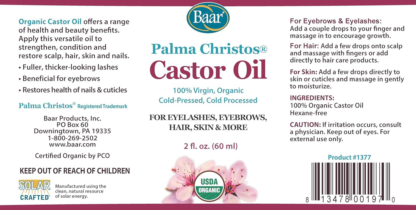 Baar Palma Christos Castor Oil, Organic, 100% Pure, Cold-Pressed, Hexane-Free Products. Helps with Conditions for Hair Growth for Eyebrows, Hair, and Eyelashes. Natural Hair Treatment Oil 2 oz.