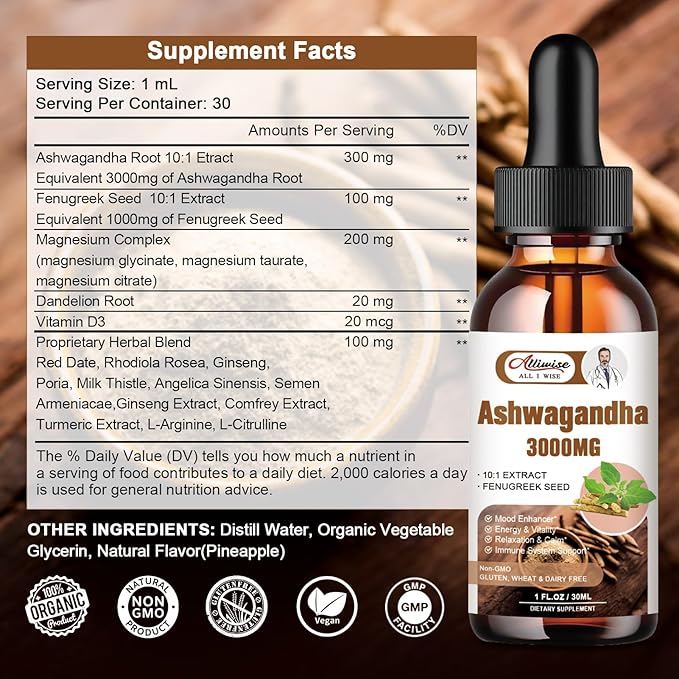 2 Pack Ashwagandha Supplement Liquid Drops 3000mg with VitaminD3,Fenugreek Seeds,Magnesium