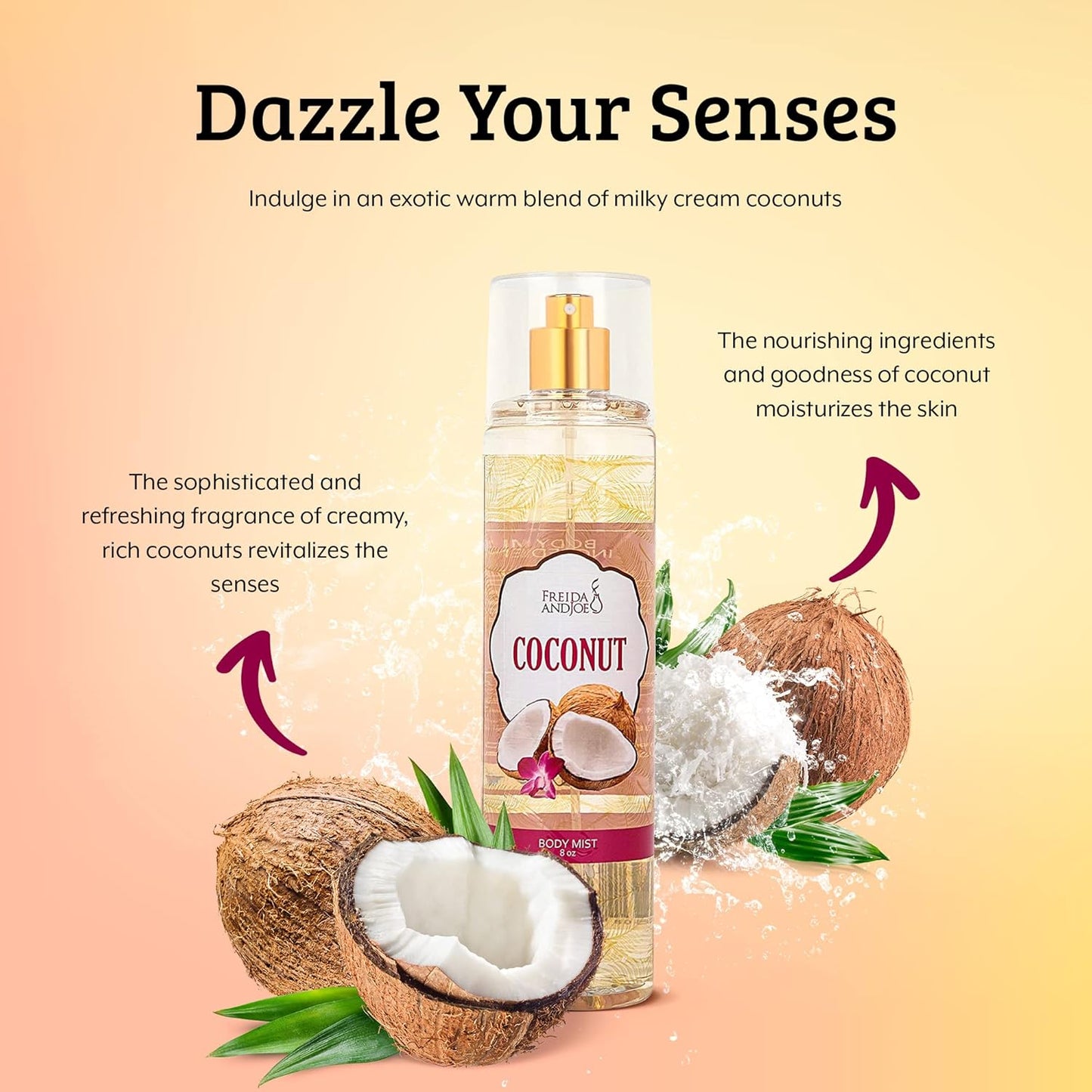 Luxurious Coconut Body Mist Fine Fragrance, Women's Warm & Cozy Luxury Scented Gifts & Presents, 8oz Fine Mist Spray Bottle (Coconut)