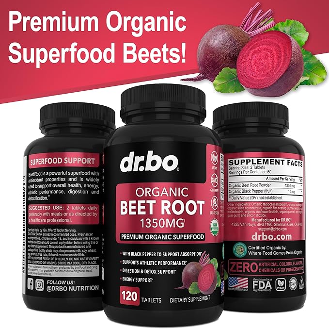 Organic Beet Root Capsules Supplements - 1350mg Beetroot Powder Extract Pills, Organic Beet Root Powder Supplement, Super Nitric Oxide Beets, High Circulation Beet Vitamins Support - 120 Beet Tablets
