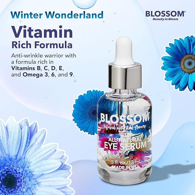 Blossom All Natural Eye Serum with Essential Oils, Organic Cruelty Free Moisturizing, Infused with Real Flowers, Made in USA, 0.5 fl. oz./15ml, Winter Wonderland