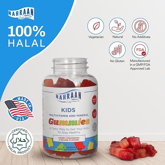 Halal Vitamins for Kids - Halal Multivitamins for Kids Vitamin A, C, D, E, B6, B12 - Non-GMO Vegetarian, Halal Gummies - 90 Count