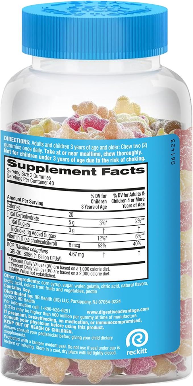 Digestive Advantage Probiotics For Digestive Health, Probiotic Gummies & Vit D, Daily Probiotics For Women &Men Occasional Bloating, Minor Abdominal Discomfort & Gut Health, 80ct Natural Fruit Flavors