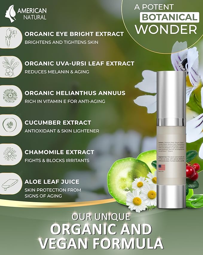 American Natural Eye Serum for Puffy Bags Under Eyes (0.5oz) - Dark Eye Circle Remover with Organic Cucumber & Chamomile Extract | Fine Line & Wrinkle Reduction Anti Aging Serum For Men & Women