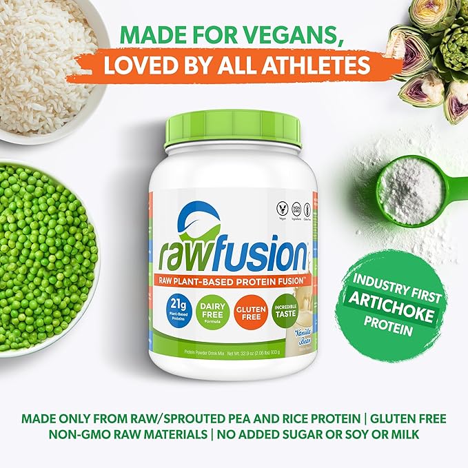 Rawfusion- Vegan Protein Powder, Vanilla Bean - 30 Servings, 21g of Plant Based Protein, Low Net Carbs, Non-Dairy, Gluten/ Lactose Free, Soy Free, Kosher, Non-GMO, 2lb Pound