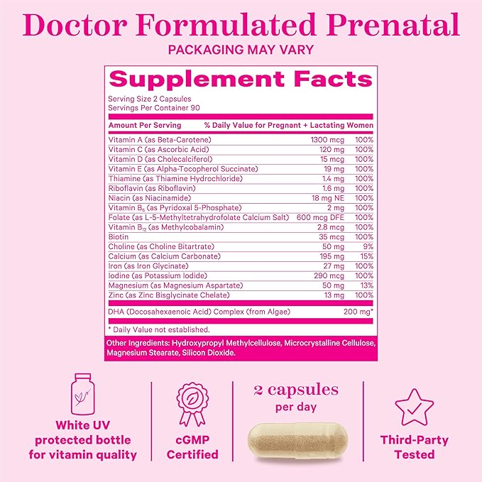 Pink Stork Total Prenatal Vitamins with DHA, Folate, and Iron, 3 Month Supply to Help Support Fetal Development, Pregnancy Must Haves - 180 Capsules