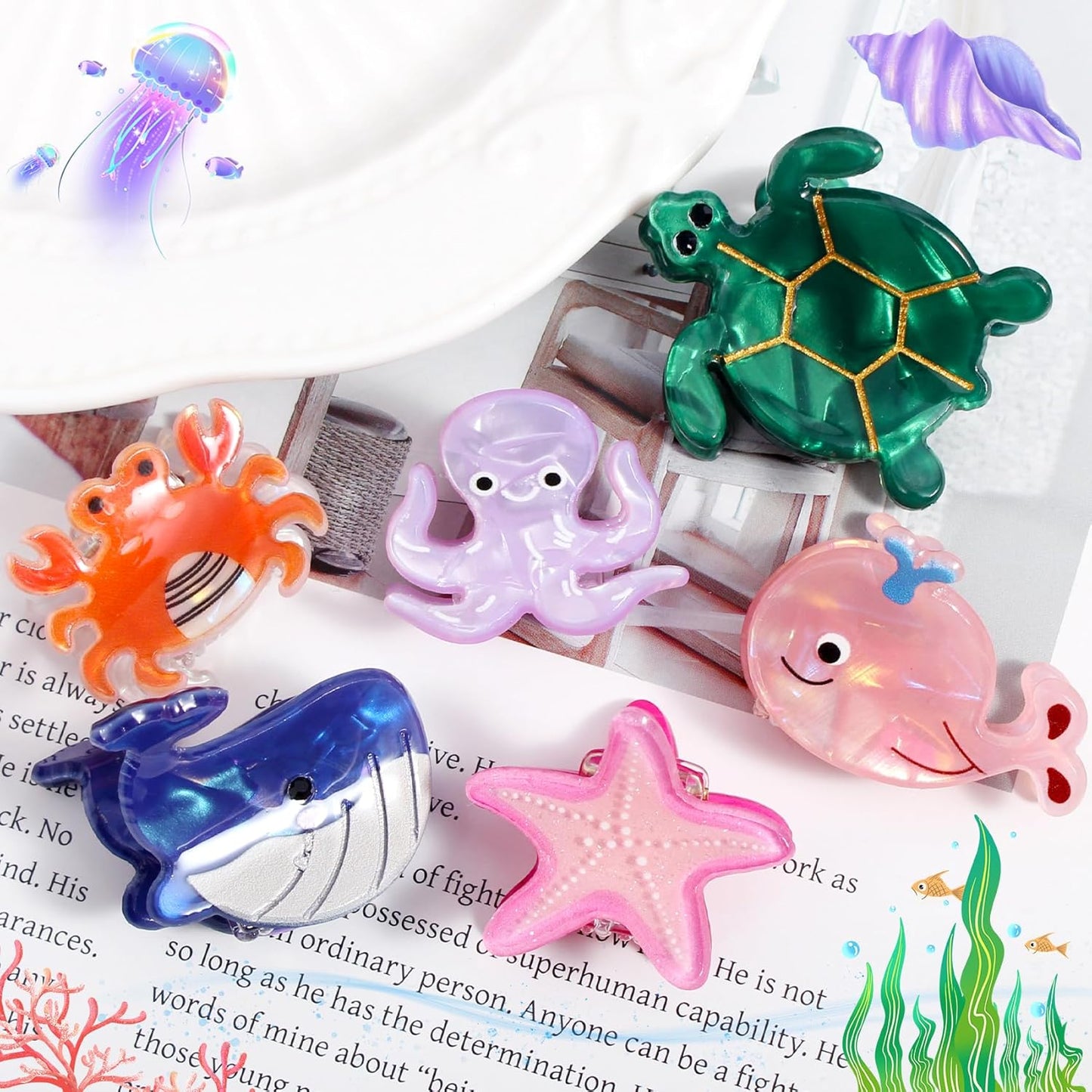 Mini Sea Animals Hair Claw Clips - 12Pcs Trendy Small Non-Slip Clips for Women Girls, Cute Kawaii Classic Hair Claws-Mini Ocean Hair Accessories Gifts(sea animal 2)
