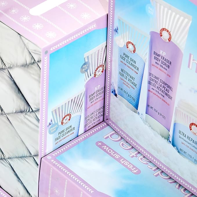First Aid Beauty - Hydrated Glow Kit: KP Bump Eraser Body Scrub, 4 oz, Facial Radiance Pads, 28 Pads, Pure Skin Face Cleanser, 2 oz, & Ultra Repair Cream, 6oz, Hydration and Exfoliation Treatment, 4ct