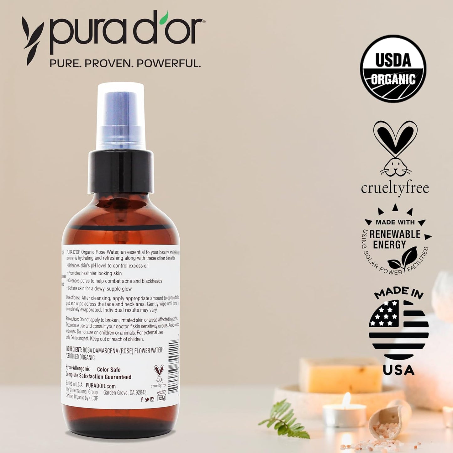 PURA D'OR 4 Oz Organic Rose Water Toner - USDA Certified 100% Pure Full Skin Hydration, Control Excess Oils- Cleanses & Softens - Promotes Healthy Skin - for All Skin Types (Packaging May Vary)