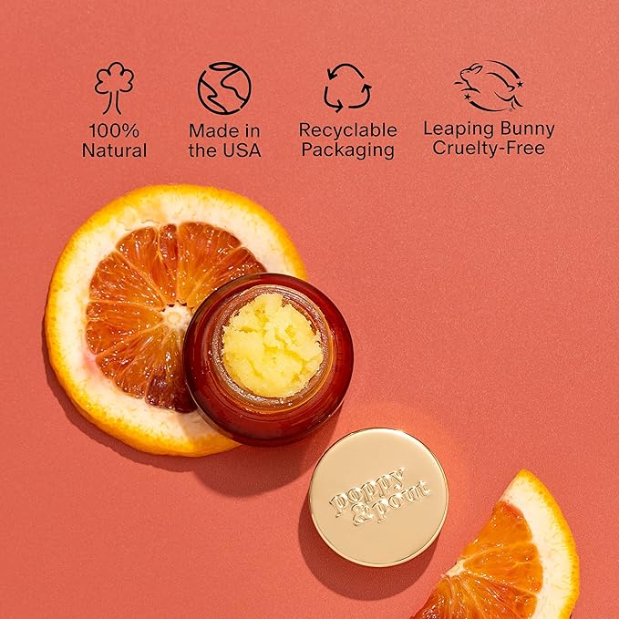 Poppy & Pout Natural Lip Scrub, Moisturizing Sugar Scrub for Dry Lips, Lip Scrubber Exfoliator with Essential Oils Smooths and Hydrates Lips, In Recyclable Glass Jars, Cruelty Free - Pomegranate Peach