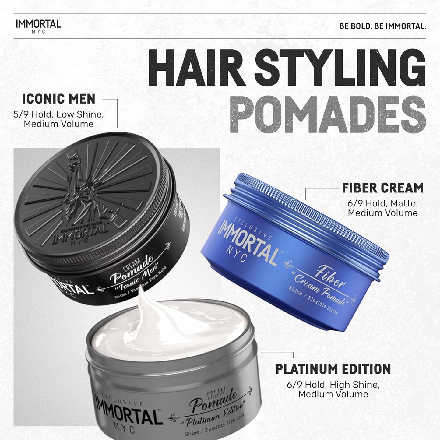 Immortal NYC Hair Styling Cream Pomade Platinum Edition - Mens Water Based, No Residue Hair Balm - All Natural Pomade -Strong Firm Hold - Gel for All Hair Types