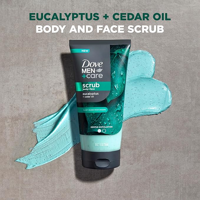 Dove Men+Care Eucalyptus Body and Face Scrub Deeply Exfoliates for Hydrated & Nourished Skin 100% Gentle Cleanser, No Sulfate Cleansers or Parabens