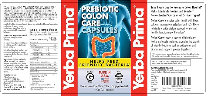 Yerba Prima Prebiotic Colon Care Capsules, 400 Caps