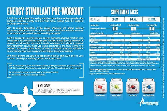 Metabolic Nutrition - ESP - Stimulating Pre Workout, Pre Intra Workout Supplement, Energy & Endurance Stimulating, Natural, Safe & Mental Focus, Watermelon 300 Grams (90 Servings)