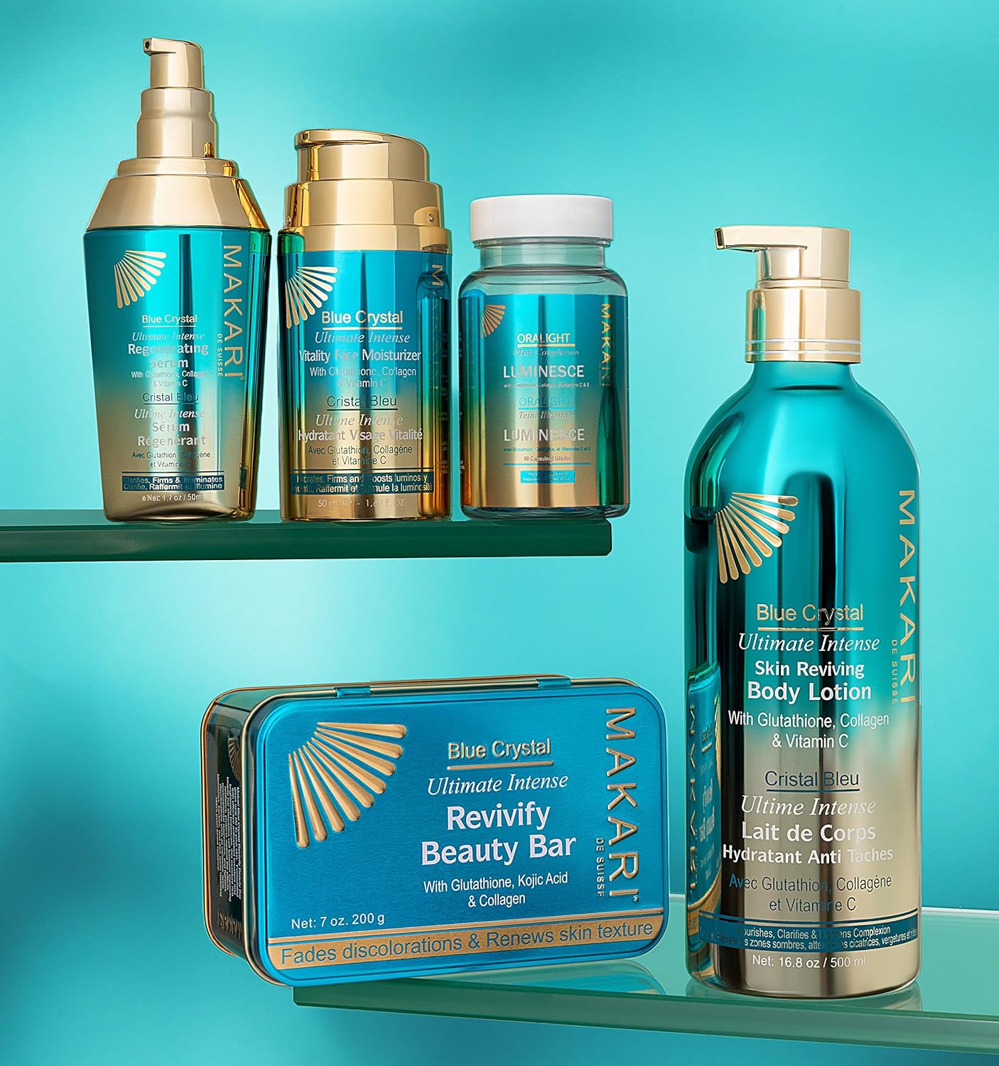 MAKARI Blue Crystal 2 Piece Gift Set & Free Makeup Bag - Brightening Bar Soap & Body Lotion Formulated with Glutathione for All Skin Types, Botanical Self Care Kit for Women