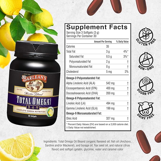 Barlean's Total Omega 3 6 9 1,000 mg 90 Count