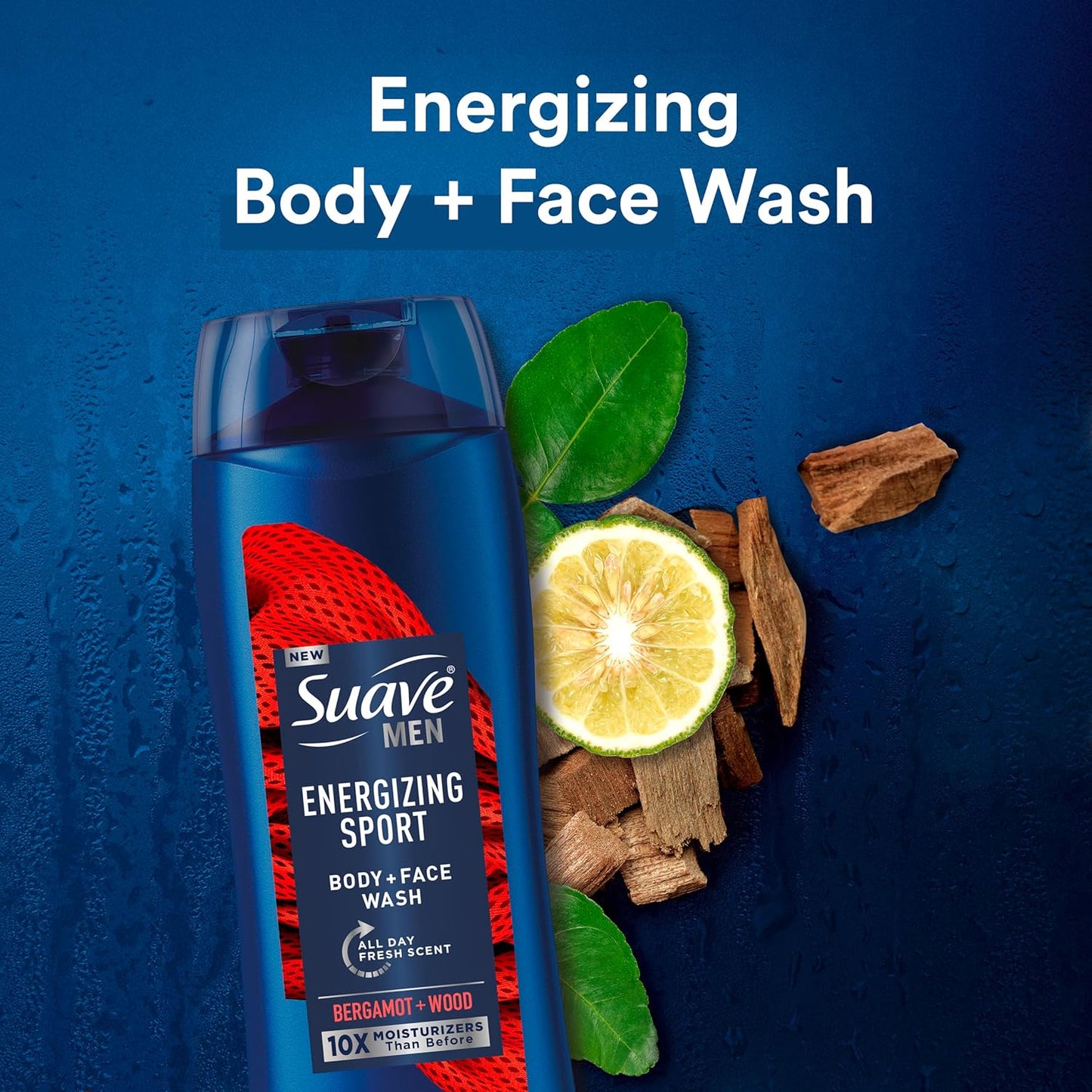 Suave Men Moisturizing Body & Face Wash, Energizing Sport with Bergamot & Wood Scent, No Parabens, No Phtahaltes, 18 Oz Pack of 6