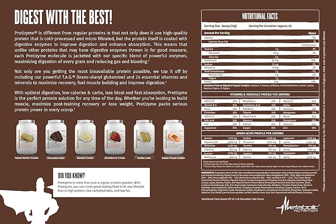 Metabolic Nutrition, Protizyme, 100% Whey Protein Powder, High Protein, Low Carb, Low Fat with Digestive Enzymes, 24 Essential Vitamins and Minerals, Peanut Butter Cookie, 2 Pound