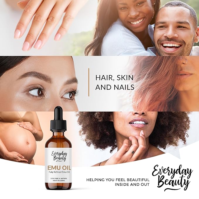 Pure Australian Emu Oil - All Natural 6X Refined for Face, Skin and Hair - Highly Effective Hydration for Sensitive Skin & Hair Growth Perfect for Scars & Blemishes - 4.06 Fl Oz Glass Bottle & Dropper