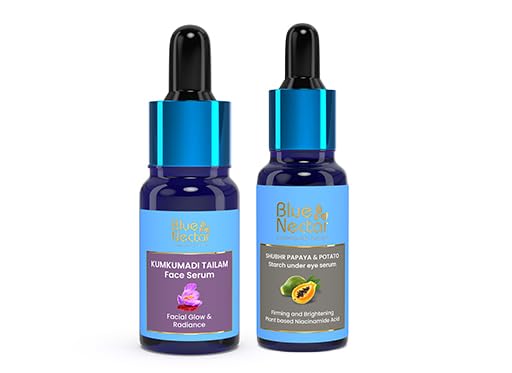 Blue Nectar Dark Circles Under Eye Serum with Plant Based Niacinamide from Potato (1Fl Oz) along with Kumkumadi Face Oil, crafted with natural herbs for radiant skin (0.33 Fl Oz)