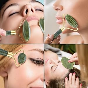 Three-Piece Facial Skincare Products - Unique Double-Sided & Textured Jade Roller, Precision Globular Roller, & Gua Sha Scraper - Reduce Puffiness - Face Roller and Gua Sha Set, Green