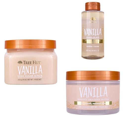 Tree Hut Vanilla Body Care Bundle, Shea Sugar Scrub, Foaming Gel Body Wash & Whipped Body Butter, Exfoliate, Cleanse and Moisturize Dry Skin with Sweet Vanilla Scent, Non-Greasy Hydration