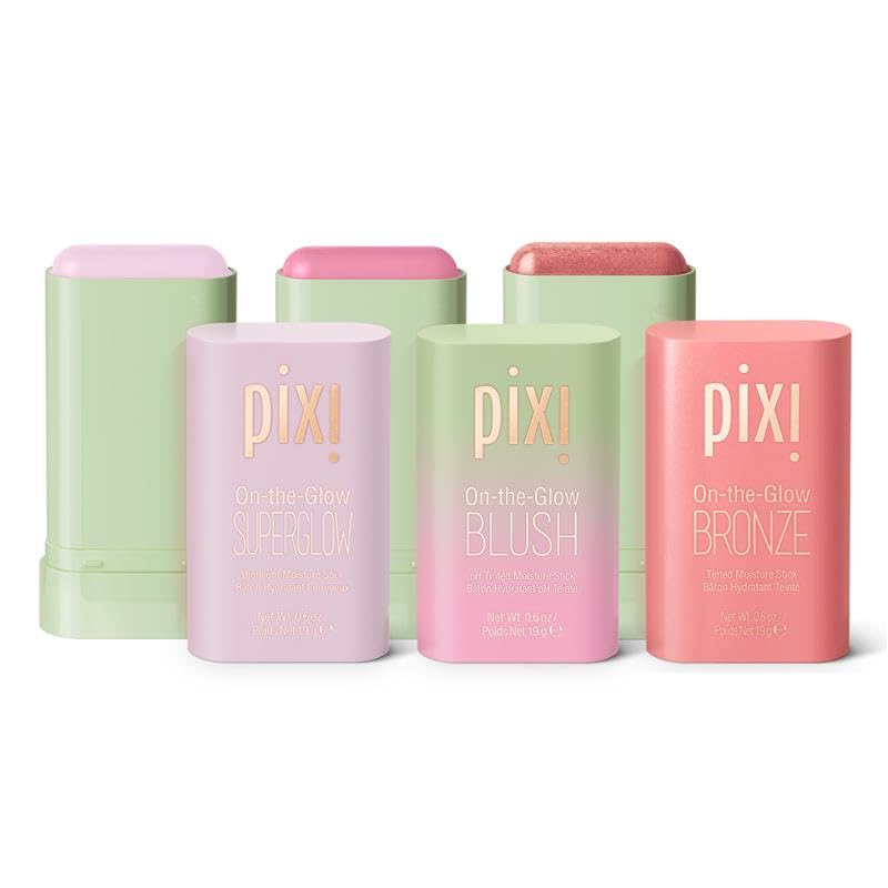 Pixi Beauty Beaming Bliss On-the-Glow Trio | Hydrating Tinted Moisture Stick Blush, Bronzer, and Highlighter Set | Travel Size, Vegan, and Paraben-Free