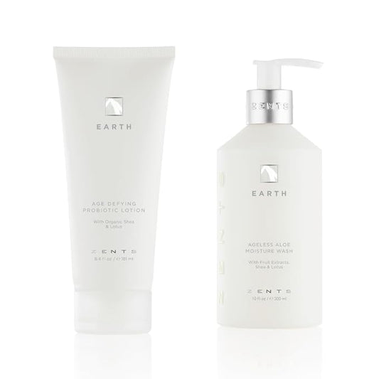 Zents Moisturizing & Cleansing Skincare Set (Earth Fragrance) | Probiotic Lotion & Body Wash with Organic Shea Butter & Aloe | Hydrates & Nourishes Skin | 10 fl oz & 6.4 fl oz