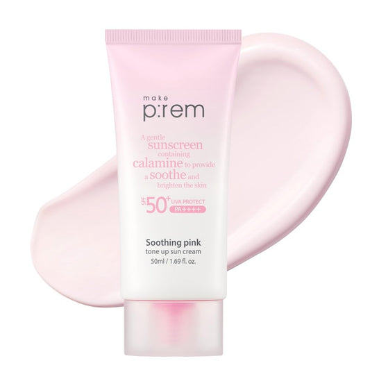 MAKE P:REM Soothing Pink Tone Up Sunscreen, Mineral Sun Care for Dehydrated Skin, Lightweight, Non-Greasy Formula, Skin Tone Correction, Korean Sunscreen, SPF 50, 1.69 fl.oz. (50ml)