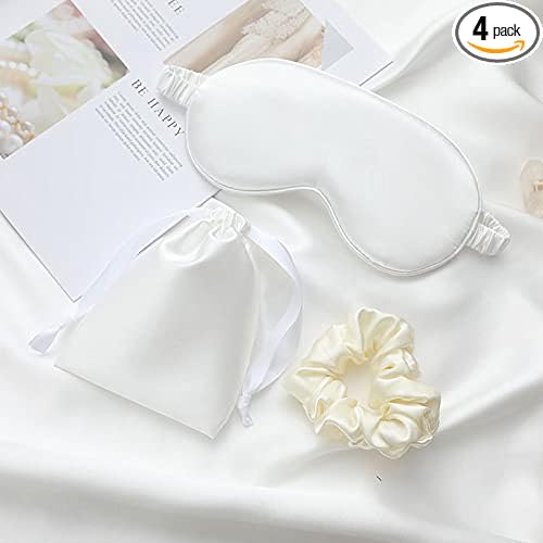 Silk Satin Sleeping Eye Mask, White Sleep Eye Night Blindfold for Women and Men, Soft Breathable Blackout Eyeshade Eye Cover for Travel, Wedding Bridesmaid Gift